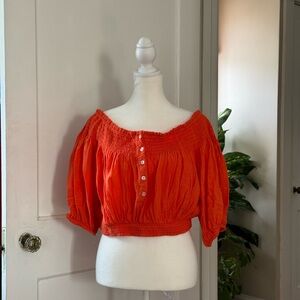 We The Free Orange Puff Sleeve Crop Blouse